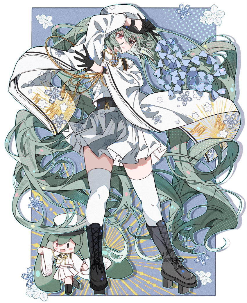 1girl black_eyes black_footwear black_gloves blue_background boots border collared_shirt cross-laced_footwear full_body gloves gohei green_hair grey_skirt hair_between_eyes hands_up hat hatsune_miku head_tilt heterochromia highres holding holding_gohei knee_boots lace-up_boots legs_apart long_hair long_sleeves looking_at_viewer miniskirt open_mouth outside_border peaked_cap platform_boots platform_footwear pleated_skirt red_eyes shirt skirt solo standing sunfish3939 thighhighs thighs twintails very_long_hair vocaloid white_border white_headwear white_shirt white_thighhighs wide_sleeves zettai_ryouiki