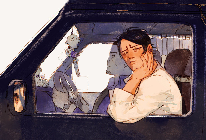 2boys black_eyes black_hair bottle car charm_(object) chengongzi123 closed_mouth collared_shirt dark-skinned_male dark_skin driving english_commentary facial_hair goatee_stubble golden_kamuy hand_on_own_cheek hand_on_own_face hand_up hands_up head_rest highres koito_otonoshin long_sleeves looking_at_viewer looking_to_the_side male_focus motor_vehicle multiple_boys perfume_bottle reflection shirt short_hair simple_background sitting steering_wheel stubble tsukishima_hajime upper_body very_short_hair watch white_background wristwatch