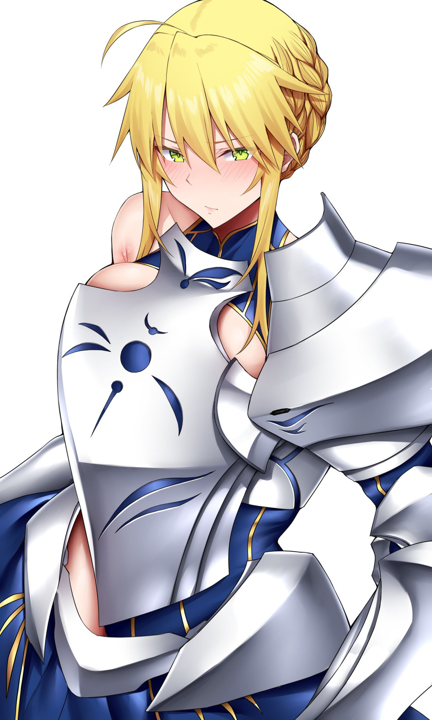 1girl absurdres ahoge arind_yudha armor armored_dress artoria_pendragon_(fate) artoria_pendragon_(lancer)_(fate) blonde_hair blue_dress bracer braid breasts chest_armor closed_mouth dress fate/grand_order fate_(series) green_eyes hair_between_eyes highres pauldrons short_hair_with_long_locks shoulder_armor single_bare_shoulder single_pauldron solo