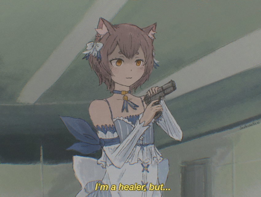 1boy :3 after_war_gundam_x animal_ear_fluff animal_ears artist_name bare_shoulders blue_choker bow brown_hair cat_ears ceiling_light choker commentary deathsantlers derivative_work dress empty_eyes english_commentary english_text felix_argyle gun gundam hair_bow handgun hands_up highres holding holding_gun holding_weapon i'm_a_healer_but..._(meme) indoors male_focus meme muted_color otoko_no_ko parody re:zero_kara_hajimeru_isekai_seikatsu short_hair solo spaghetti_strap subtitled upper_body weapon white_bow white_dress