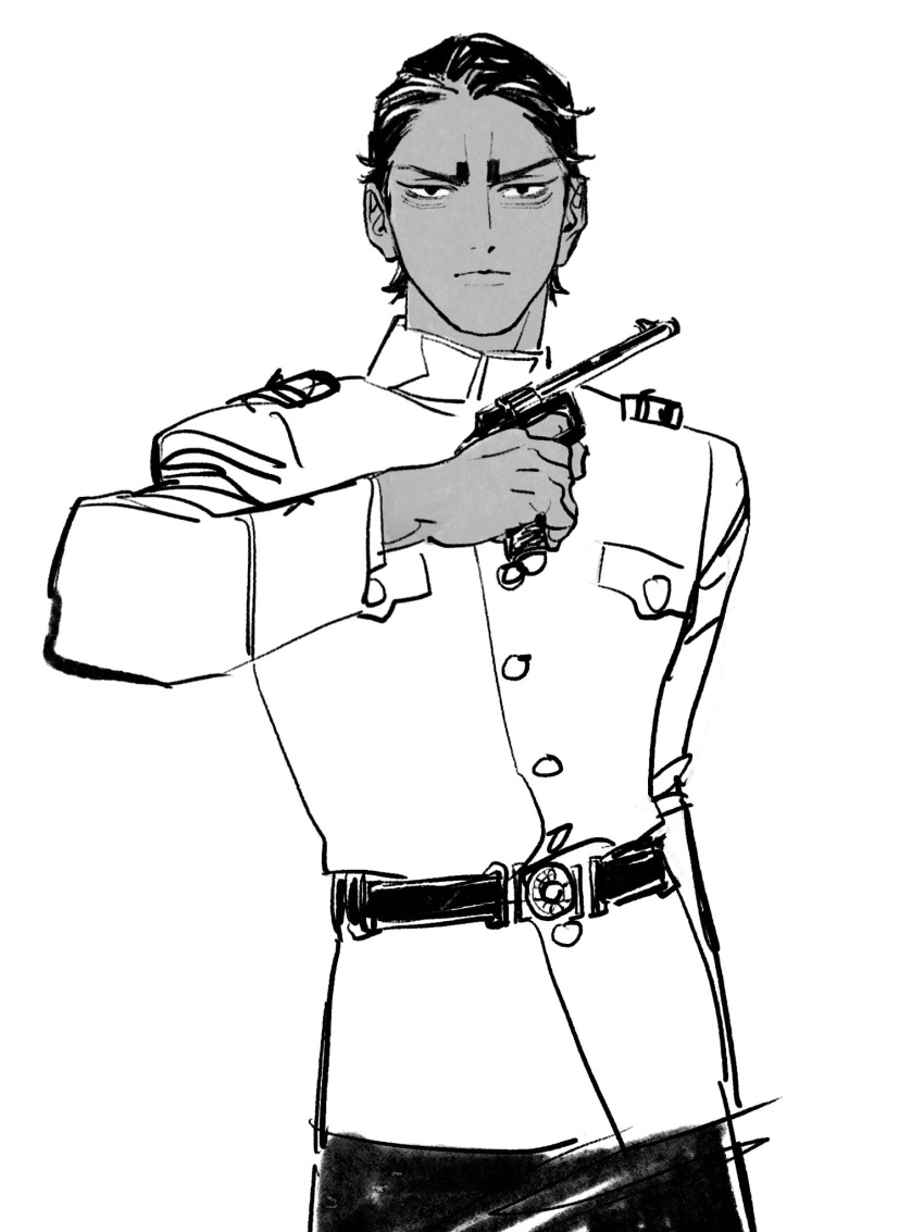 1boy chengongzi123 closed_mouth dark-skinned_male dark_skin golden_kamuy greyscale gun hand_up highres holding holding_gun holding_weapon koito_otonoshin long_sleeves looking_at_viewer male_focus military_uniform monochrome pants short_hair simple_background standing uniform upper_body very_short_hair weapon white_background