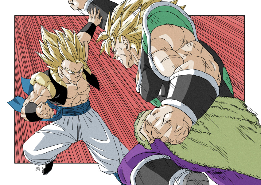 2boys armor black_armor black_vest blonde_hair broly_(dragon_ball_super) clenched_hand clenched_teeth cropped_vest dragon_ball dragon_ball_super dragon_ball_super_broly fighting forest_1988 gogeta green_armor medium_hair multiple_boys muscular muscular_male nipples no_pupils pants parrying purple_pants red_background smirk speed_lines spiked_hair super_saiyan super_saiyan_1 teeth toriyama_akira_(style) vest white_pants