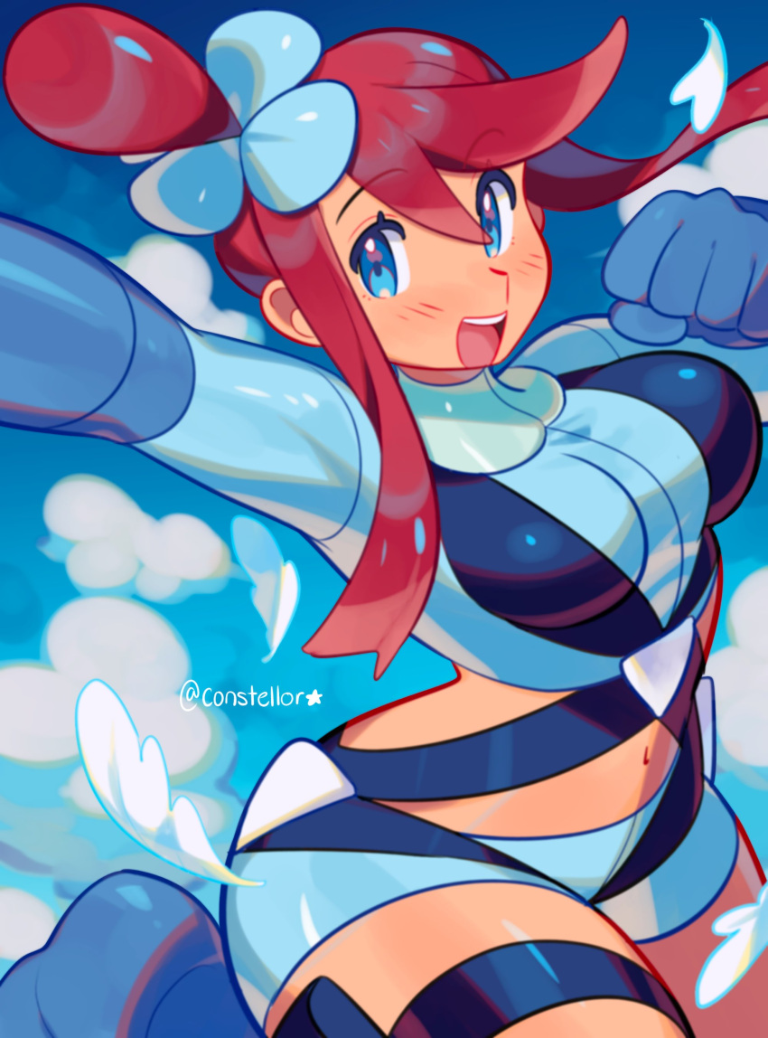 1girl :d absurdres arm_up blue_background blue_eyes blue_footwear blue_gloves blue_jacket blue_shorts blush boots breasts clenched_hand cloud constellor cowboy_shot crop_top cropped_jacket feathers gloves hair_ornament highres jacket large_breasts looking_at_viewer midriff navel one_side_up open_mouth pokemon pokemon_bw red_hair short_hair_with_long_locks short_shorts shorts sidelocks sky skyla_(pokemon) smile solo standing standing_on_one_leg teeth thigh_pouch thigh_strap turtleneck twitter_username upper_teeth_only