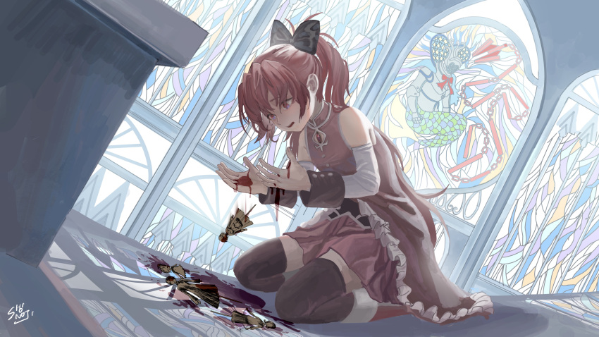 1girl absurdres armor backlighting black_ribbon black_thighhighs blood blood_on_hands blood_splatter character_doll church full_body hair_ribbon helmet high_ponytail highres indoors kneeling long_hair looking_down magical_girl mahou_shoujo_madoka_magica mahou_shoujo_madoka_magica_(anime) mermaid miki_sayaka monster_girl multiple_girls oktavia_von_seckendorff open_mouth red_eyes red_hair red_skirt ribbon sad sakura_kyoko shadow shionoji08 short_hair signature skirt solo soul_gem stained_glass thighhighs window