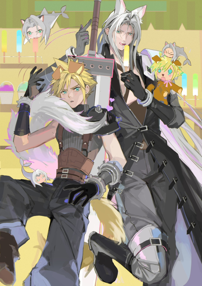 2boys animal animal_ears arm_up armor asymmetrical_gloves bangle belt biting black_coat black_footwear black_gloves black_pants black_sweater blonde_hair blue_eyes blush_stickers boots bracelet buster_sword cat_boy cat_ears chest_strap chibi chibi_inset cloud_strife coat commentary day dog dog_boy dog_ears dog_nose dog_tail earrings fangs final_fantasy final_fantasy_vii food foot_up furrowed_brow gloves green_eyes grey_hair hand_up high_collar highres holding holding_animal holding_dog holding_food holding_popsicle ice_cream implied_yaoi indoors jewelry kemonomimi_mode knee_boots knee_up long_bangs long_coat long_hair long_sleeves looking_to_the_side male_focus multiple_belts multiple_boys neck_ribbon open_clothes open_coat open_mouth pants parted_bangs parted_lips pauldrons pink_ribbon pointing pointing_up popsicle puffy_pants ribbon sephiroth shark_boy sharp_teeth shop short_hair shoulder_armor single_pauldron sleeveless sleeveless_sweater sleeveless_turtleneck slit_pupils slushie smile spiked_hair standing stud_earrings suspenders sweater sword sword_on_back tail teeth tongue tongue_out turtleneck turtleneck_sweater upper_teeth_only very_long_hair weapon weapon_on_back yellow_background zzchen22
