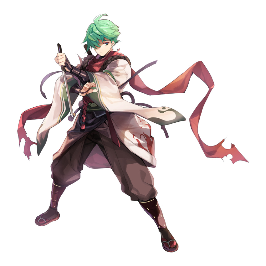 1boy ahoge armor brown_footwear brown_pants brown_socks closed_mouth dagger expressionless fighting_stance full_body green_eyes green_hair hair_between_eyes hair_over_one_eye highres holding holding_dagger holding_knife holding_weapon japanese_armor knife kote leona_(pixiv) long_bangs long_sleeves looking_afar looking_to_the_side male_focus ninja official_art pants ragnarok_online red_scarf reverse_grip sandals scarf shin_guards shinkiro_(ragnarok_online) short_hair short_sword simple_background socks solo standing sword tabi tachi-e tantou tassel torn_clothes torn_scarf transparent_background weapon wide_sleeves zouri