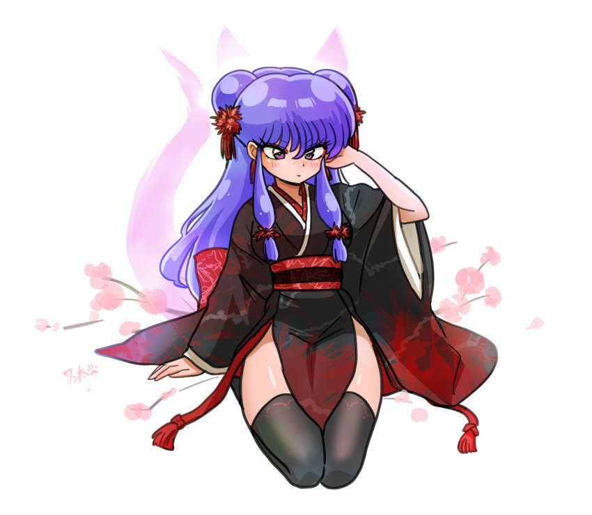 animal_ears arm_up aura belt belt_bow black_dress black_thighhighs blush bow cat_ears cat_tail chinese_clothes double_bun dress earrings flower hair_bun hair_ornament hand_on_own_head highres jewelry kneeling long_hair long_sleeves playing_with_own_hair purple_eyes purple_hair ranma_1/2 red_dress robe shampoo_(ranma_1/2) signature tail tassel tassel_earrings thighhighs two-tone_belt two-tone_dress wanta_(futoshi) white_background