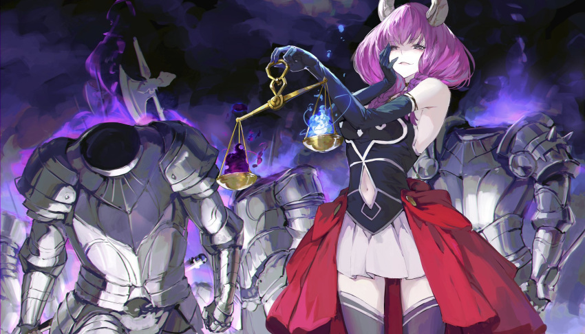 1girl armor aura_(sousou_no_frieren) balance_scale bare_shoulders clothing_cutout demon_girl demon_horns elbow_gloves gloves halberd hand_on_own_cheek hand_on_own_face highres holding_scale horns living_armor long_hair low-braided_long_hair low-tied_long_hair magic mmi_ryu navel_cutout parted_lips polearm purple_hair skirt smile sousou_no_frieren weapon weighing_scale