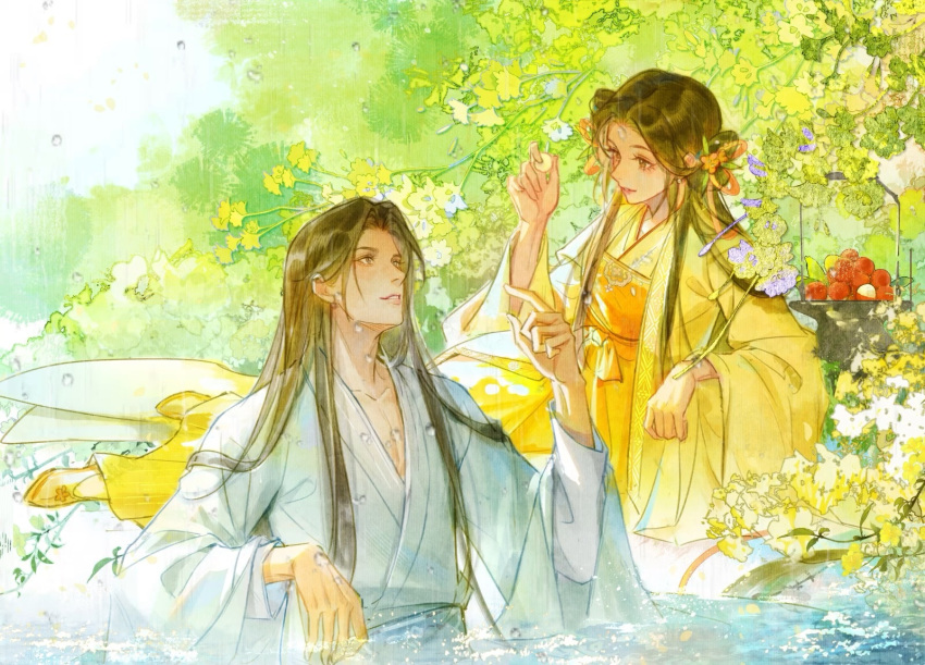 1boy 1girl black_hair blue_robe blue_sleeves bowl brown_eyes character_request chinese_clothes chinese_commentary collarbone commentary_request copyright_request day double_bun dress eyelashes flower food forehead_jewel fruit fruit_request full_body hair_bun hair_flower hair_ornament hair_ribbon hand_up hanfu highres holding holding_food holding_fruit layered_sleeves lipstick long_dress long_hair long_sleeves looking_at_another makeup open_clothes open_robe orange_dress orange_flower orange_ribbon outdoors parted_lips partially_submerged pectoral_cleavage pectorals pink_lips pointing pointing_at_self pool ribbon robe shoes sitting sky smile straight_hair teeth tree upper_body very_long_hair water_drop white_sky white_sleeves wide_sleeves yellow_footwear yellow_robe yellow_sleeves zhehua_huan_jiu