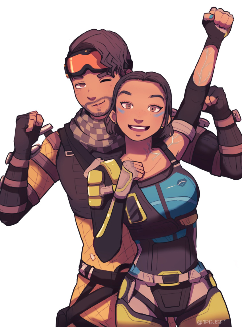 1boy 1girl animification apex_legends black_bodysuit black_gloves blue_shirt bodysuit brown_hair checkered_clothes checkered_scarf clenched_hands conduit_(apex_legends) dark-skinned_male dark_skin earrings elbow_gloves electricity facial_hair fingerless_gloves gloves goatee goggles goggles_on_head green_scarf grey_gloves highres jewelry looking_at_viewer mirage_(apex_legends) one_eye_closed open_mouth orange_bodysuit pipa_(1pgjsf1) scarf shirt short_hair smile white_background