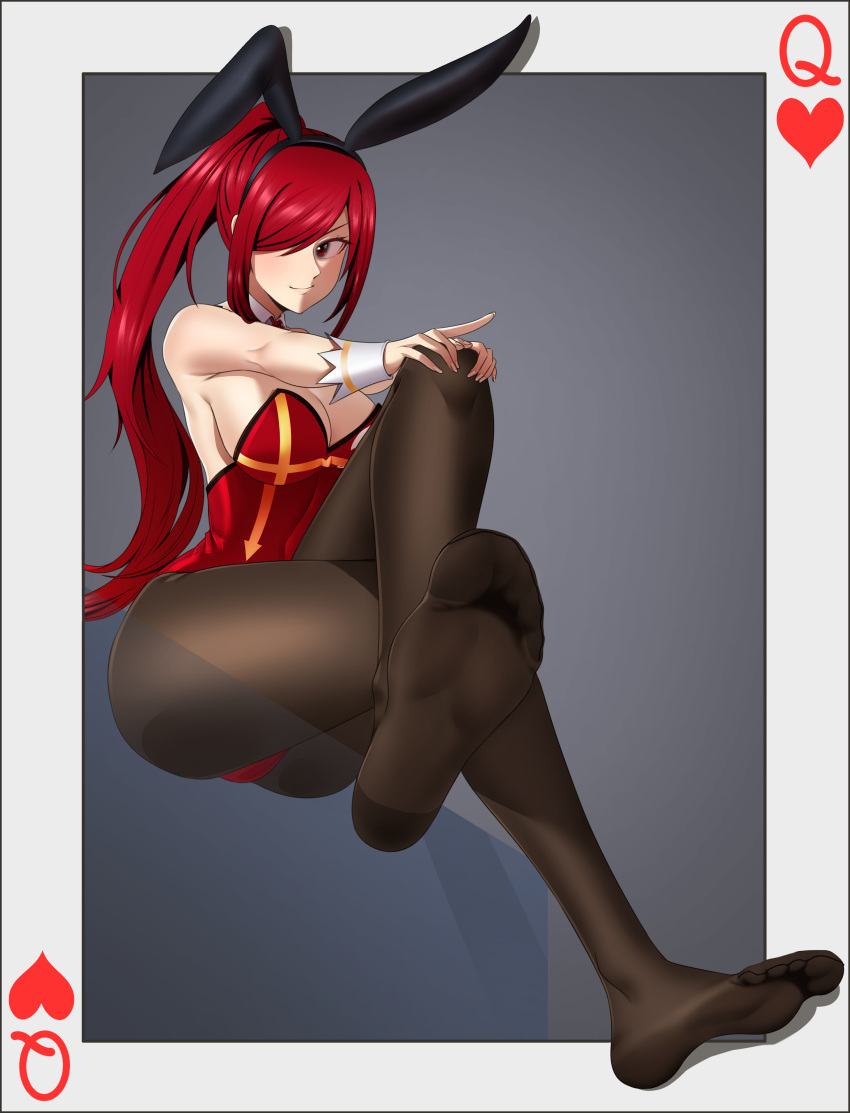 1girl absurdres animal_ears ass black_legwear breasts card closed_mouth crossed_legs detached_collar erza_scarlet fairy_tail fake_animal_ears full_body hair_over_one_eye hands_on_own_knee highres large_breasts leotard long_hair looking_at_viewer no_shoes pantyhose playboy_bunny playing_card playing_card_theme ponytail queen_of_hearts_(card) rabbit_ears red_eyes red_hair red_leotard sitting smile soles solo thighs toes tsa wrist_cuffs