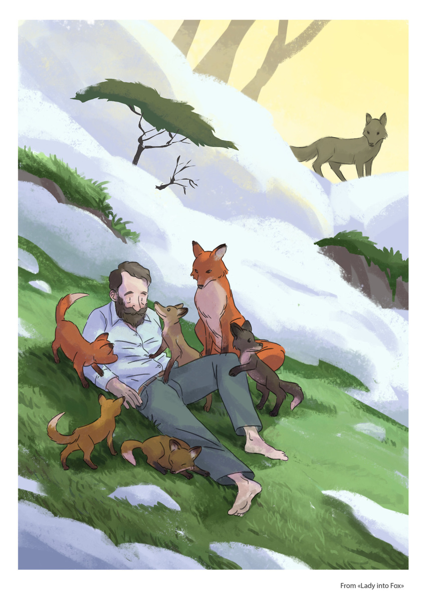 after_transformation ambiguous_gender barefoot beard being_watched canid canine clothed clothing facial_hair feet female feral fox fur grass group hi_res human husband_and_wife lady_into_fox looking_at_another male mammal married_couple mother_(lore) mother_and_child_(lore) orange_body orange_fur outside parent_(lore) parent_and_child_(lore) plant ramshan snow tree