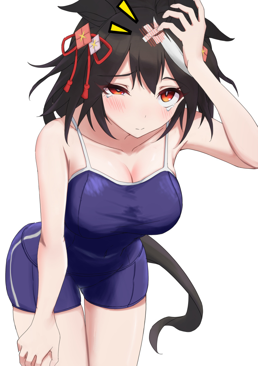 1girl absurdres ahoge animal_ears bandaid bandaid_on_head bare_shoulders black_hair blue_one-piece_swimsuit breasts cleavage collarbone competition_school_swimsuit ear_ribbon hair_between_eyes han_kasu highres horse_ears horse_girl horse_tail kitasan_black_(umamusume) large_breasts looking_at_viewer multicolored_hair one-piece_swimsuit red_eyes red_ribbon ribbon school_swimsuit short_hair simple_background single_vertical_stripe solo streaked_hair swimsuit tail tracen_swimsuit umamusume white_background white_hair