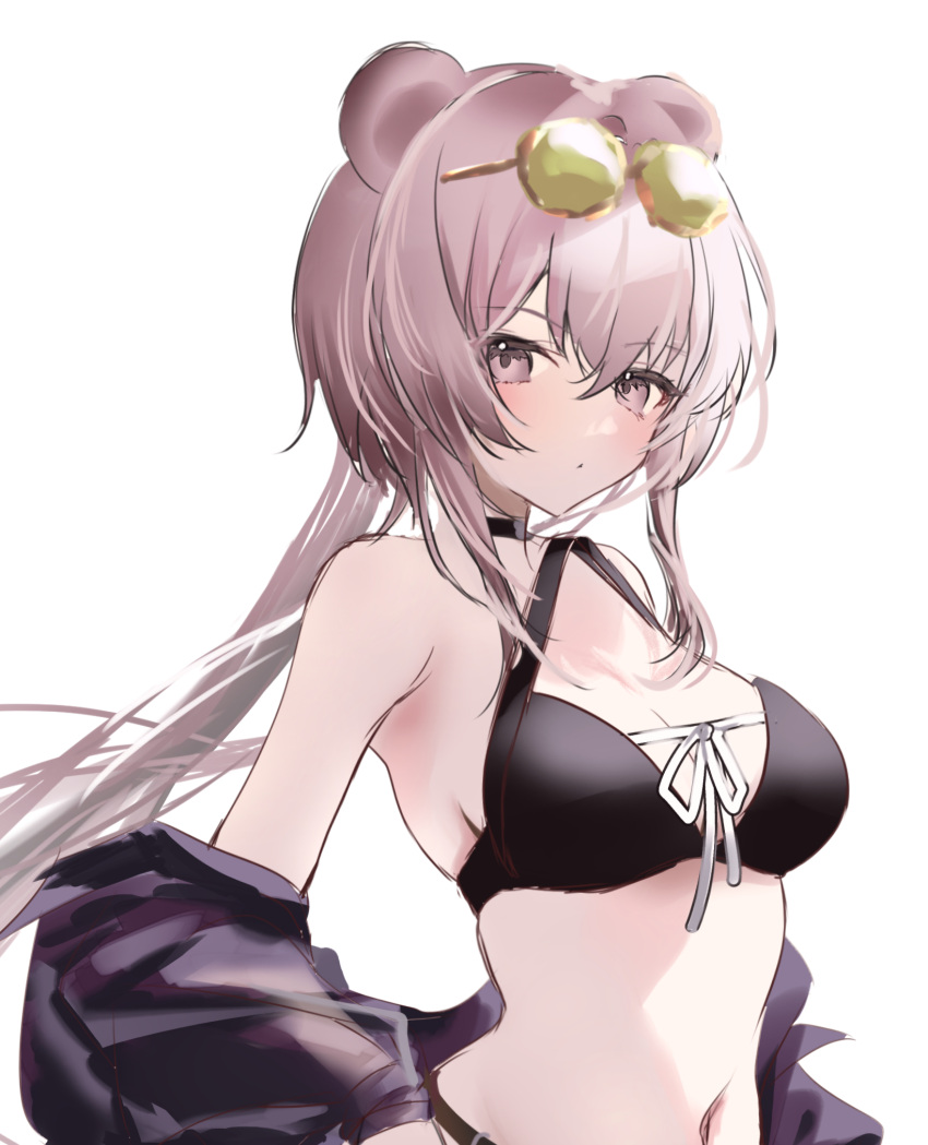 1girl animal_ears arknights bare_shoulders bikini black_bikini black_choker choker commentary_request highres lin_(arknights) long_hair looking_at_viewer mouse_ears navel off_shoulder official_alternate_costume pink_eyes pink_hair raramente simple_background solo stomach swimsuit upper_body very_long_hair white_background