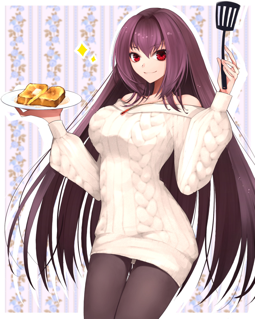 1girl bare_shoulders breasts brown_pantyhose fate/grand_order fate_(series) french_toast hair_between_eyes hazuki-a highres jewelry large_breasts long_hair long_sleeves looking_at_viewer necklace off-shoulder_sweater off_shoulder pantyhose plate purple_hair red_eyes scathach_(fate) smile solo spatula sweater thighs white_sweater