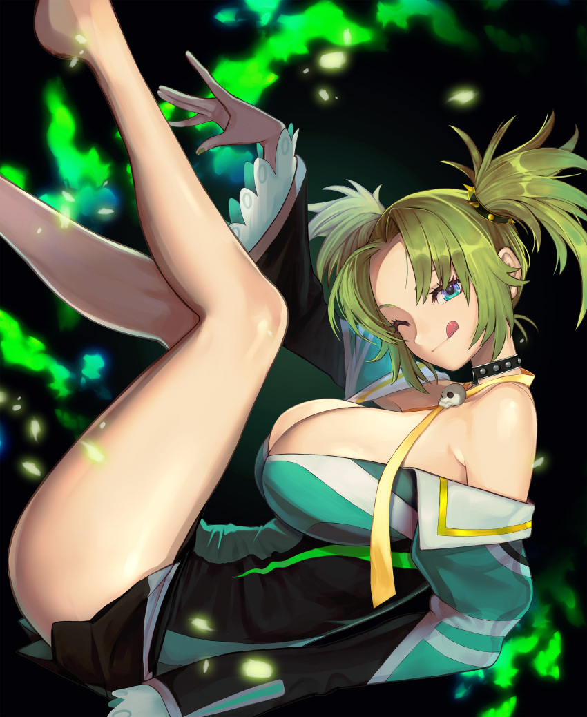 1girl absurdres bare_legs breasts choker cleavage commission droite_(tales) english_commentary from_side green_eyes green_hair green_nails hachirou_(crazy318) hair_rings highres large_breasts legs legs_up looking_at_viewer official_alternate_costume short_hair sidelocks skirt skull_brooch smile solo tales_of_(series) tales_of_vesperia thighs tongue tongue_out twintails