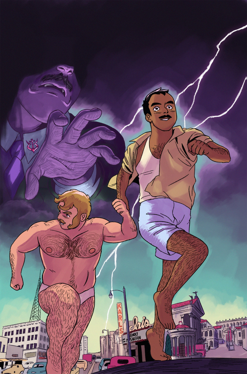 2boys absurdres bara belly blonde_hair briefs couple cover cover_page dark-skinned_male dark_skin facial_hair fleeing giant giant_male giopota gradient_sky hairy highres interracial large_pectorals lightning long_sideburns looking_ahead looking_back male_focus male_underwear mature_male multiple_boys muscular muscular_male mutton_chops navel navel_hair nipples original pectorals plump receding_hairline running sainted_love_(giopota) shaded_face short_hair sideburns sideburns_stubble skinny sky smile stomach stubble tank_top thick_arm_hair thick_eyebrows thick_leg_hair thick_mustache topless_male underwear very_hairy white_tank_top yaoi