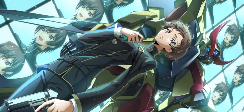 1boy arm_at_side artist_request belt black_jacket black_pants blue_background blue_eyes brown_hair buttons closed_mouth code_geass code_geass:_lost_stories cowboy_shot dutch_angle game_cg gun hand_up handgun heart highres holding holding_gun holding_phone holding_weapon jacket jewelry layered_sleeves lelouch_vi_britannia light_particles locket long_sleeves looking_at_viewer male_focus mecha monitor non-web_source official_art pants pendant phone purple_eyes robot rolo_lamperouge school_uniform short_hair sidelocks solo standing trigger_discipline turtleneck turtleneck_jacket vincent_(code_geass) weapon