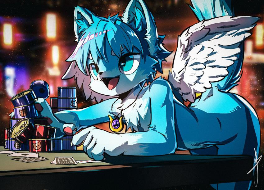 2022 absurd_res anthro bent_over bent_over_table blaedic blue_eyes blue_hair blurred_background card casual_nudity cat_food cheek_tuft chest_tuft detailed_background facial_tuft feathered_wings feathers felid feline furniture gloves_(marking) hair happy hi_res jewelry looking_at_food looking_at_object male male_anthro mammal markings necklace open_mouth open_smile pet_food playing_card raised_tail reaching short_hair smile solo spread_wings stack table tail tin_can tuft white_body white_feathers wings