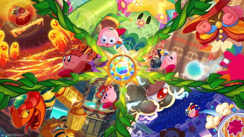 battle beam_kirby blush_stickers bomb bomb_kirby coily_rattler colored_skin cowboy_hat explosive fighter_kirby flower flowery_woods forked_tongue hat highres holding holding_bomb holding_sword holding_wand holding_weapon holding_whip jester_cap kashiwa_(ksw04270mochi) kirby kirby:_triple_deluxe kirby_(series) kracko lava one-eyed one_eye_closed open_mouth paint_splatter paintra pink_skin pyribbit solid_oval_eyes sparkle star_(symbol) sun_stone_(kirby) sword sword_kirby tongue tree wand weapon whip_kirby witch_hat