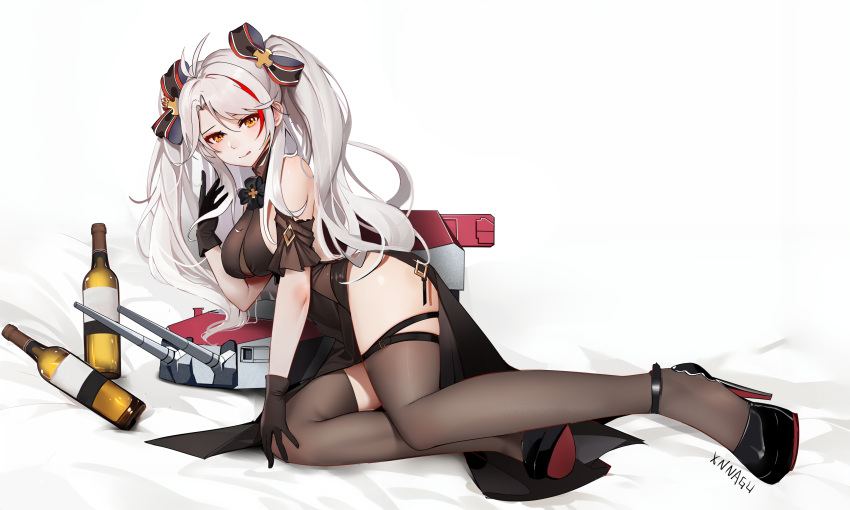 1girl absurdres artist_name azur_lane belt black_dress black_gloves black_thighhighs bottle clothing_cutout dress evening_gown full_body gloves green_eyes grey_hair hair_ribbon hand_up high_heels highres long_hair looking_at_viewer multicolored_hair official_alternate_costume prinz_eugen_(azur_lane) prinz_eugen_(cordial_cornflower)_(azur_lane) red_hair ribbon see-through see-through_dress shoulder_cutout side_slit streaked_hair thigh_belt thigh_strap thighhighs turret two_side_up underboob_cutout wine_bottle xnnagu