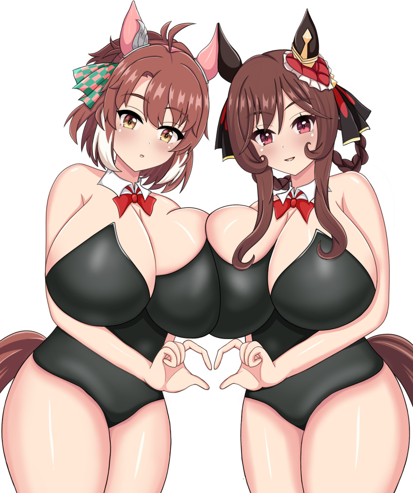 2girls ahoge animal_ears asymmetrical_docking bare_shoulders black_leotard bow bowtie braided_hair_rings breast_press breasts brown_hair cleavage commentary_request cowboy_shot dantsu_flame_(umamusume) detached_collar ear_covers ear_ornament gentildonna_(umamusume) heart heart_hands heart_hands_duo highres horse_ears horse_girl horse_tail huge_breasts leotard messy_hair multicolored_hair multiple_girls red_bow red_bowtie red_eyes simple_background strapless strapless_leotard streaked_hair tail umamusume white_background white_hair yawasiriwaowao19 yellow_eyes