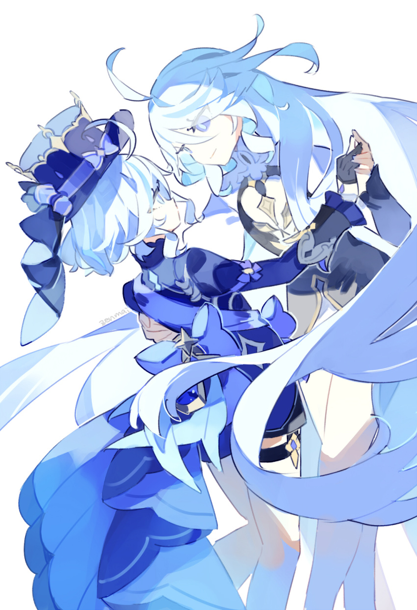 2girls ahoge ascot black_shorts blue_ascot blue_brooch blue_eyes blue_gemstone blue_hair blue_hat blue_jacket closed_mouth cyenmi3 dress drop-shaped_pupils focalors_(genshin_impact) furina_(genshin_impact) gem genshin_impact gloves gradient_dress hair_between_eyes hat heterochromia highres holding_hands hug jacket light_blue_hair long_hair long_sleeves mismatched_pupils multicolored_hair multiple_girls shorts simple_background symbol-shaped_pupils top_hat very_long_hair white_background white_hair