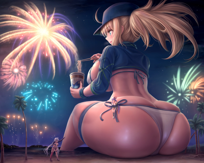 3girls anger_vein annoyed artoria_pendragon_(fate) ass bb_(fate) bb_(swimsuit_mooncancer)_(fate) beach bikini black_bikini blonde_hair blue_eyes blue_headwear boots bound braid braided_ponytail breasts chair chopsticks closed_eyes commentary_request cup eating fate/grand_order fate_(series) fireworks food giant giantess hat high_heels highres jacket jeanne_d'arc_(alter_swimsuit_berserker)_(fate) jeanne_d'arc_(fate) large_breasts laughing lounge_chair multiple_girls mysterious_heroine_xx_(fate) night night_sky noodles open_mouth palm_tree partial_commentary pointing ponytail purple_hair shore shrug_(clothing) sitting size_difference sky smile soaking_feet star_(sky) steam swimsuit thigh_strap tree twintails water white_bikini white_footwear white_hair white_headwear wristband yellow_jacket zen-gts