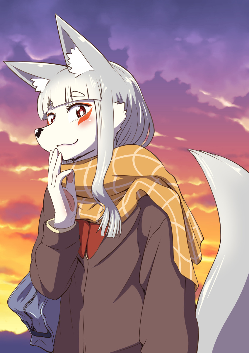 1girl absurdres animal_ear_fluff animal_ears bag brown_coat closed_mouth cloud coat facial_mark fox_ears fox_tail furry furry_female fushimi_tamamo hand_on_own_face highres kitsune long_hair long_sleeves looking_at_viewer neckerchief oinari_jk_tamamo-chan! outdoors pawpads plaid plaid_scarf red_eyes red_neckerchief scarf school_bag sidelocks sky solo sunset tail upper_body white_fur white_hair white_tail yuukiray_(amurotanaka)