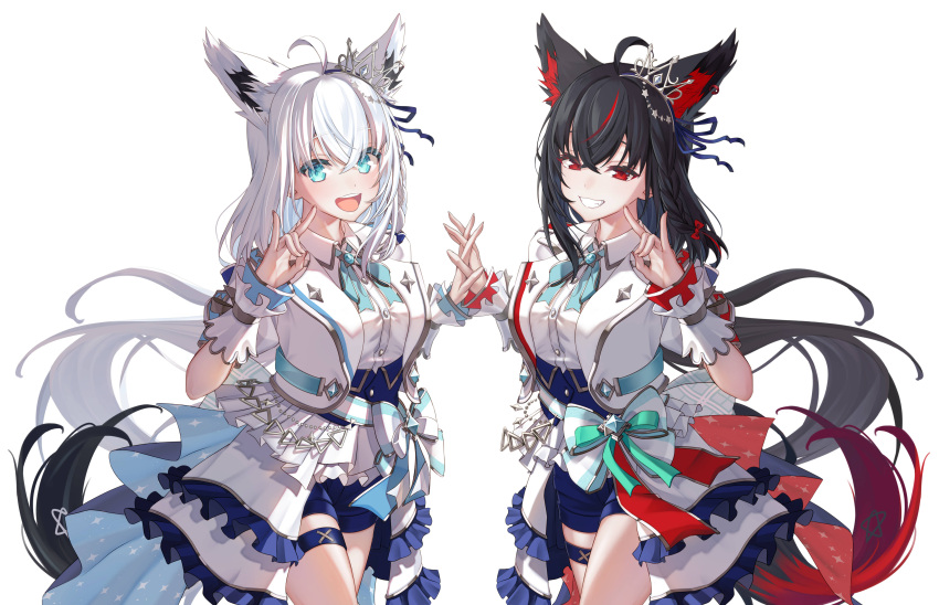 2girls :d absurdres ahoge alternate_costume animal_ear_fluff animal_ears aqua_bow aqua_eyes aqua_neckerchief aqua_sash black_hair blue_ribbon blue_shorts blue_skirt bow braid collared_shirt commentary_request dark_persona earrings extra_ears fox_ears fox_girl fox_shadow_puppet fox_tail frilled_skirt frills grin hair_between_eyes hair_bow hair_ribbon half-closed_eyes hands_up highres holding_hands hololive hololive_idol_uniform_(bright) hoop_earrings idol_clothes interlocked_fingers jacket jewelry kurokami_fubuki lapels layered_skirt long_hair looking_at_viewer multicolored_hair multiple_girls neckerchief notched_lapels official_alternate_costume open_clothes open_jacket overskirt puffy_sleeves red_bow red_eyes red_hair ribbon shirakami_fubuki shirt short_sleeves shorts side_braid sidelocks simple_background single_earring skirt smile streaked_hair ta_shiuji30 tail teeth thigh_strap tiara upper_teeth_only virtual_youtuber white_background white_hair white_jacket white_shirt white_skirt wrist_cuffs