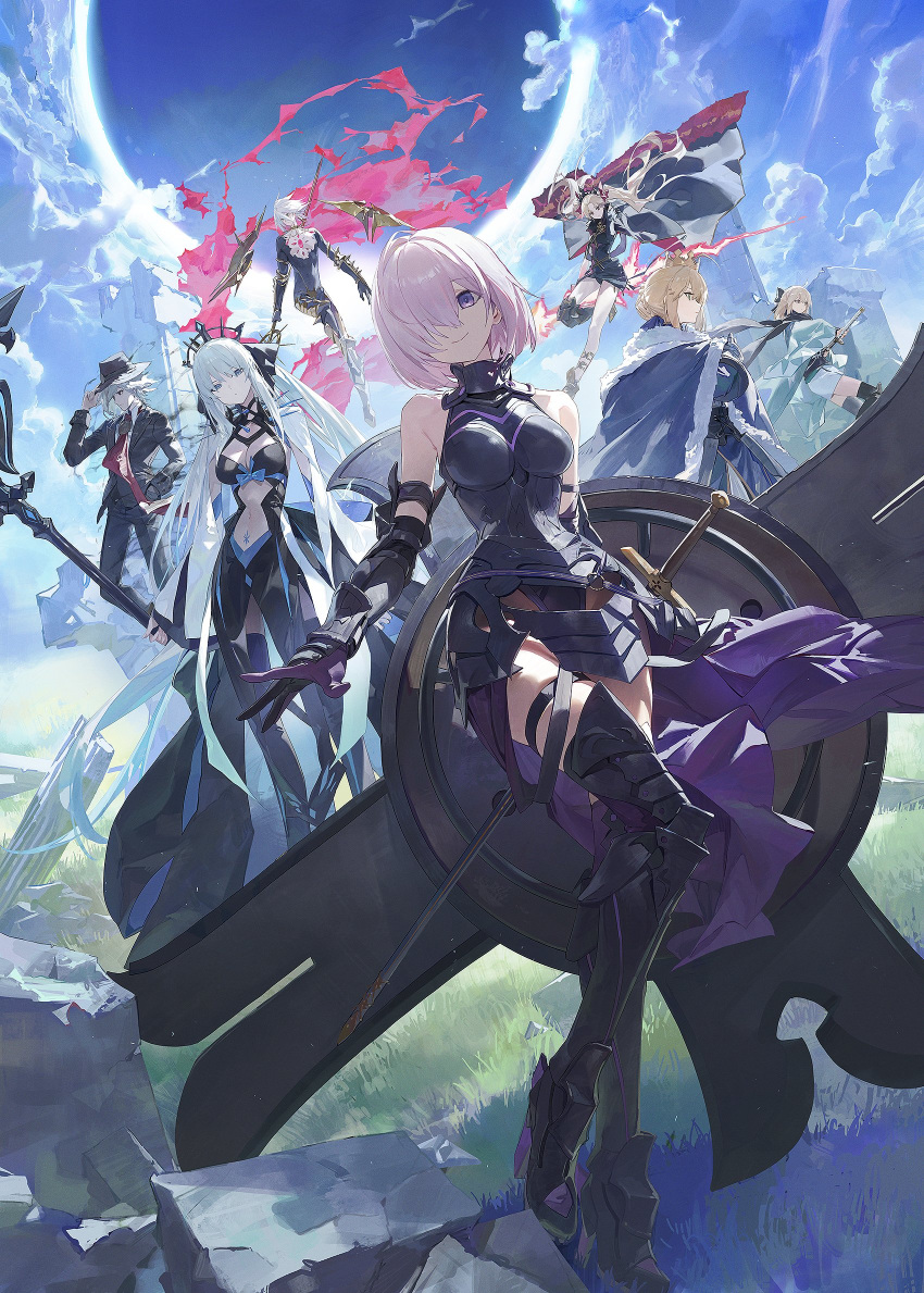 2boys 4girls ahoge armor armored_dress armored_leotard artoria_pendragon_(fate) bare_shoulders black_bow black_dress black_scarf blonde_hair blue_eyes bow braid breasts cleavage collar colored_skin dress earrings edmond_dantes_(fate) edmond_dantes_(first_ascension)_(fate) elbow_gloves ereshkigal_(fate) ereshkigal_(third_ascension)_(fate) fate/grand_order fate_(series) fedora formal french_braid fur-trimmed_sleeves fur_trim gauntlets gloves gold grey_hair hair_between_eyes hair_bow hair_over_one_eye hair_ribbon haori hat highres holding indian_clothes jacket japanese_clothes jewelry karna_(fate) katana kimono large_breasts layered_sleeves long_hair long_sleeves looking_at_viewer lord_camelot_(fate) mash_kyrielight meslamtaea_(weapon) modare morgan_le_fay_(fate) multiple_boys multiple_girls navel necktie okita_souji_(fate) pale_skin purple_eyes purple_gloves purple_hair red_eyes red_ribbon ribbon saber_(fate) scarf shield shinsengumi short_hair short_kimono sidelocks smile spiked_collar spikes suit sword thighhighs thighs tiara two-sided_fabric two_side_up very_long_hair wavy_hair weapon white_hair white_skin