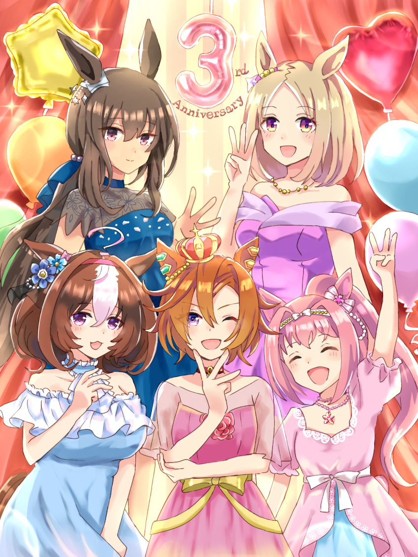 5girls admire_vega_(umamusume) ahoge animal_ears blonde_hair blue_dress blush bow breasts brown_hair closed_eyes closed_mouth crown dress ear_ornament ear_ribbon hair_between_eyes hair_intakes hairband haru_urara_(umamusume) headband highres horse_ears horse_girl horse_tail jewelry large_breasts long_hair long_sleeves looking_at_viewer low_ponytail meisho_doto_(umamusume) mini_crown mokuroo multicolored_hair multiple_girls narita_top_road_(umamusume) necklace one_eye_closed open_mouth orange_hair pink_dress pink_eyes pink_hair ponytail purple_dress purple_eyes shirt short_hair skirt smile streaked_hair t.m._opera_o_(umamusume) tail two-tone_hair umamusume w white_hair