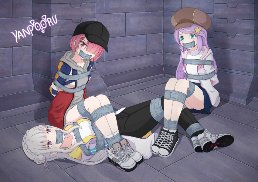 1girl anastasia_hoshin baseball_cap bdsm bondage bound dungeon emilia_(re:zero) gag hat highres hood hoodie jacket pants ram_(re:zero) re:zero_kara_hajimeru_isekai_seikatsu restrained shibari shoes skirt sneakers streetwear tied_up_(nonsexual) yanpooru