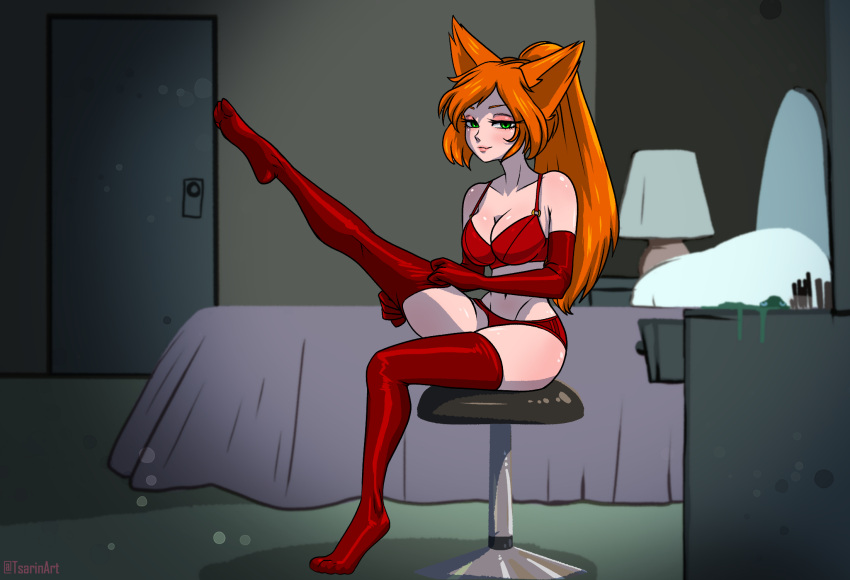 4322chan cat_ear clothed clothing domestic_cat felid feline felis female girly hair hi_res human humanoid legwear lingerie looking_at_viewer mammal narrowed_eyes pale_skin partially_clothed ponytail red_clothing red_hair serious_face simple_background sitting_on_chair solo solo_focus stockings