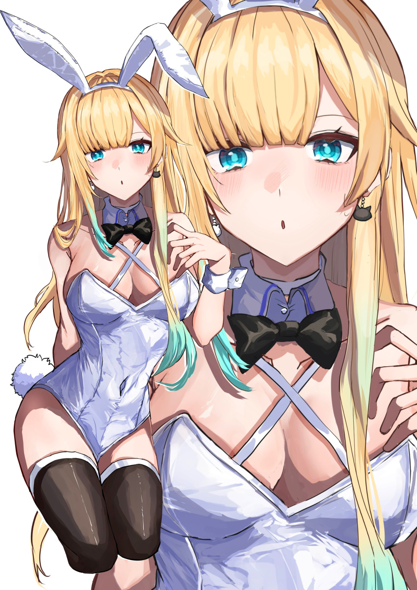1girl absurdres aizawa_ema animal_ears bare_shoulders black_bow black_bowtie blonde_hair blue_eyes blue_hair blunt_bangs blush bow bowtie breasts cleavage collar covered_navel criss-cross_halter earrings fake_animal_ears gradient_hair halterneck hand_on_own_chest highleg highres jewelry large_breasts leotard long_hair looking_at_viewer maya_fa multicolored_hair playboy_bunny rabbit_ears rabbit_tail simple_background solo tail thighhighs very_long_hair virtual_youtuber vspo! white_leotard wrist_cuffs zoom_layer