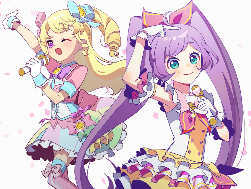 2girls ;d ahoge arm_up blonde_hair blue_bow bow commentary_request dress frilled_dress frills gloves green_eyes haepali hair_bow highres holding holding_microphone idol idol_clothes idol_time_pripara long_hair looking_at_viewer manaka_laala microphone multiple_girls one_eye_closed open_mouth outstretched_arm pink_bow pink_thighhighs pretty_series pripara purple_eyes purple_hair ringlets simple_background sleeveless sleeveless_dress smile standing thighhighs twintails two_side_up very_long_hair white_background white_gloves yumekawa_yui