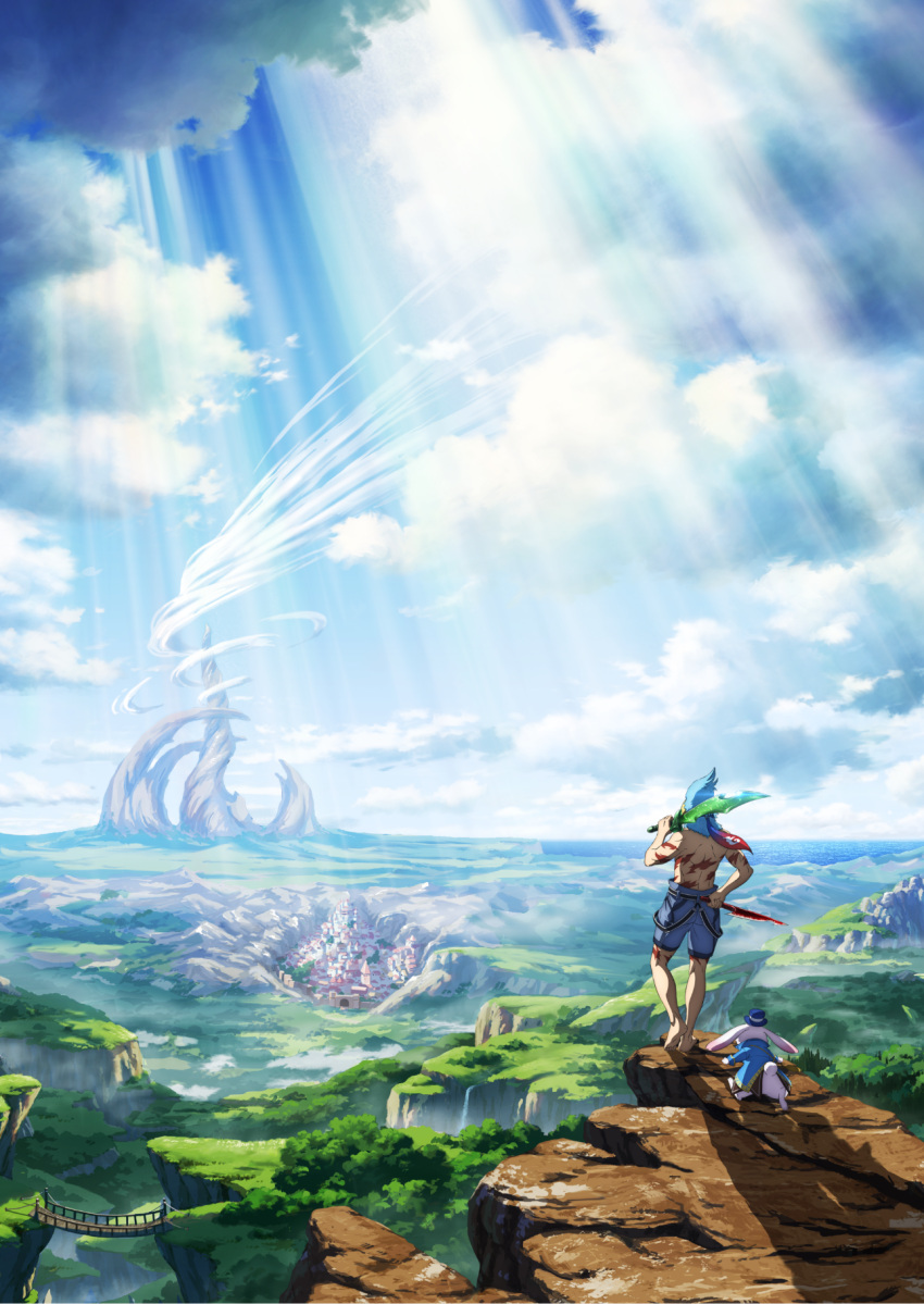 1boy blue_pants cloud day dual_wielding emul_(shangri-la_frontier) hat highres hizutome_rakurou holding light_rays no_shirt official_art outdoors pants shadow shangri-la_frontier sunraku_(shangri-la_frontier) top_hat wooden_bridge