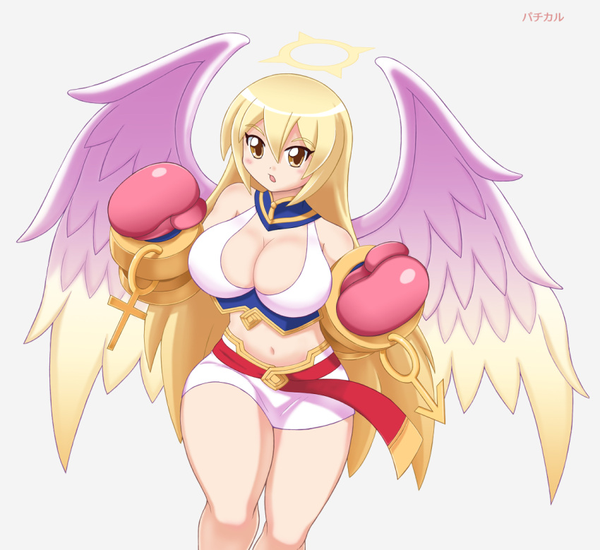 1girl angel angel_wings blonde_hair boxing_gloves breasts brown_eyes character_name cleavage halterneck large_breasts long_hair looking_at_viewer open_mouth pachikar skirt solo toushin_toshi toushin_toshi_girls_gift toushin_toshi_ii white_skirt wings yama_(mahohon)