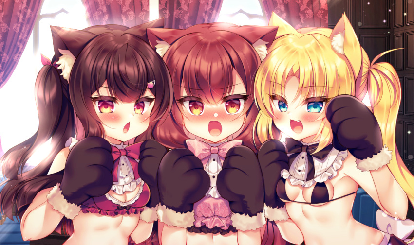 3girls :d animal_ear_fluff animal_ears animal_hands backlighting bare_shoulders bikini black_bikini black_gloves black_hair blonde_hair blue_eyes blush bow breasts cat_hair_ornament chestnut_mouth commentary_request curtains day fang fur-trimmed_gloves fur_trim gloves hair_between_eyes hair_ornament hairclip hands_up indoors long_hair medium_breasts multiple_girls nose_blush one_side_up original parted_bangs paw_gloves red_bow red_eyes red_hair smile sunlight suzunone_rena swimsuit twintails upper_body very_long_hair window