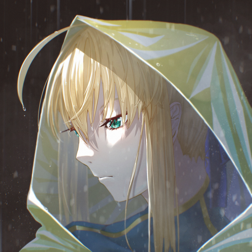 1girl ahoge armor armored_dress artoria_pendragon_(fate) blonde_hair dress fate/grand_order fate_(series) green_eyes highres rain raincoat ribbon saber_(fate) short_hair solo water_drop yellow_raincoat