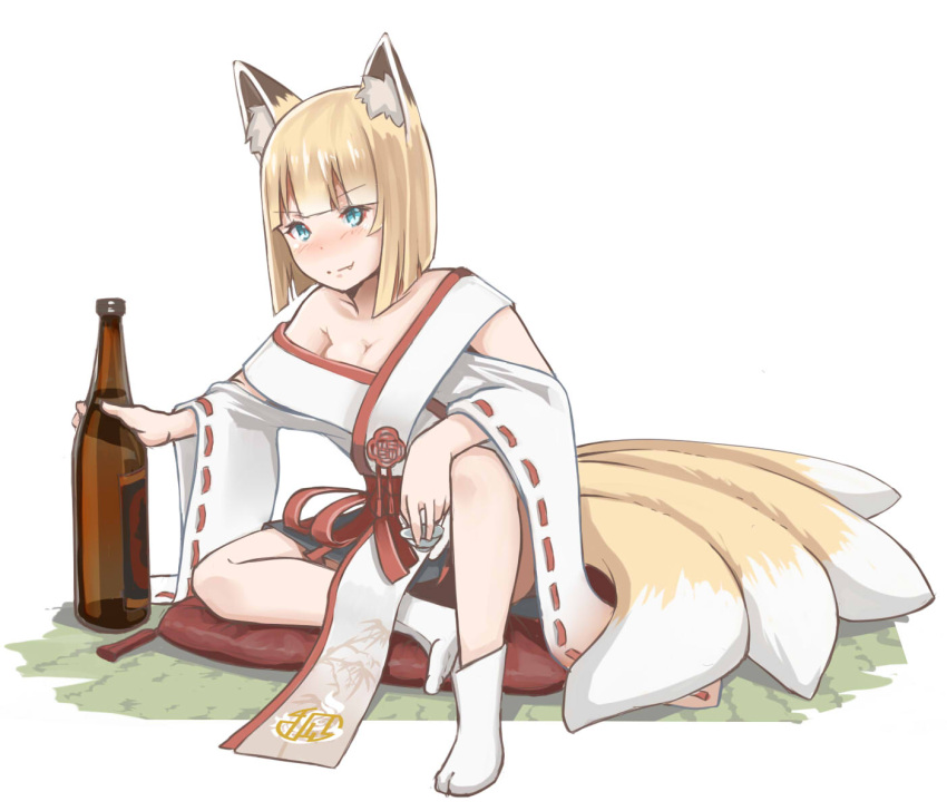 1girl animal_ear_fluff animal_ears blonde_hair blue_eyes blush bottle breasts cleavage closed_mouth commentary_request cushion fang fang_out fox_ears fox_girl fox_tail full_body highres holding holding_bottle kitsune knee_up kuro_kosyou looking_at_viewer medium_breasts no_shoes off_shoulder original ribbon_trim short_hair simple_background smile socks solo tabi tail tatami v-shaped_eyebrows white_background white_socks zabuton