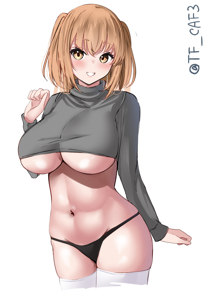 1girl absurdres alternate_costume black_panties blush breasts brown_hair cleavage commentary_request cowboy_shot cropped_legs cropped_sweater grey_sweater grin hair_between_eyes highres i-26_(kancolle) kantai_collection large_breasts long_sleeves looking_at_viewer medium_hair navel one-hour_drawing_challenge panties simple_background smile solo sweater tf_cafe thighhighs twitter_username two_side_up underboob underwear white_background white_thighhighs yellow_eyes