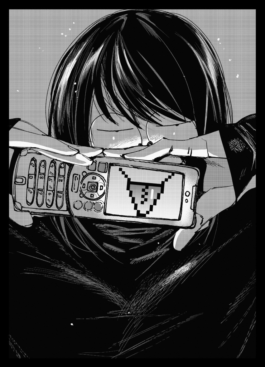 1girl :p breasts cellphone covered_mouth fingernails glasses greyscale hachinuki_tetsuyo hands_up highres holding holding_phone jitome light_particles long_sleeves looking_at_viewer monochrome original phone pixel_art pixel_art_inset round_eyewear short_hair sleeves_past_wrists solo sweater swept_bangs tongue tongue_out upper_body