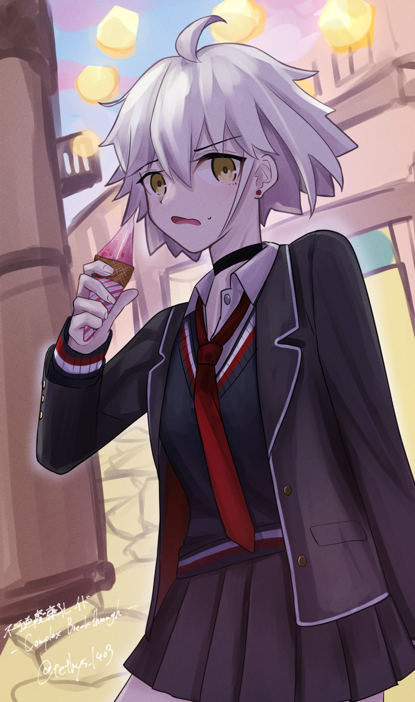 1girl absurdres ahoge black_choker blush choker collared_shirt eating fate/grand_order fate_(series) food grey_hair highres ice_cream jacket jeanne_d'arc_alter_(avenger)_(fate) jeanne_d'arc_alter_(fate) looking_at_viewer necktie official_alternate_costume open_clothes open_jacket shirt short_hair skirt solo sweater user_ektz2474 yellow_eyes