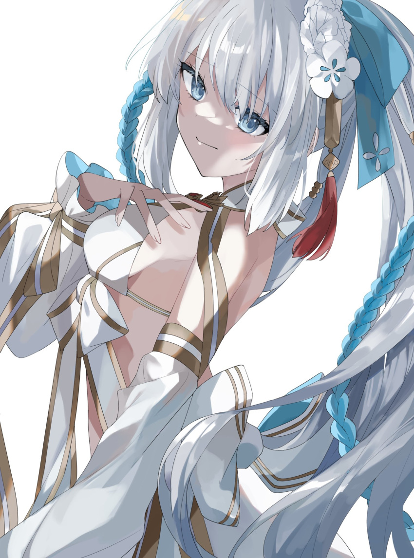 1girl bare_shoulders bikini blue_eyes braid breasts detached_sleeves fate/grand_order fate_(series) flower french_braid gold_trim hair_flower hair_ornament hair_ribbon highres large_breasts long_hair long_sleeves looking_at_viewer morgan_le_fay_(fate) morgan_le_fay_(water_princess)_(fate) ooo00_cha ponytail puffy_long_sleeves puffy_sleeves red_brooch red_tassel ribbon sidelocks smile solo swimsuit thighlet very_long_hair white_bikini white_hair wide_brim