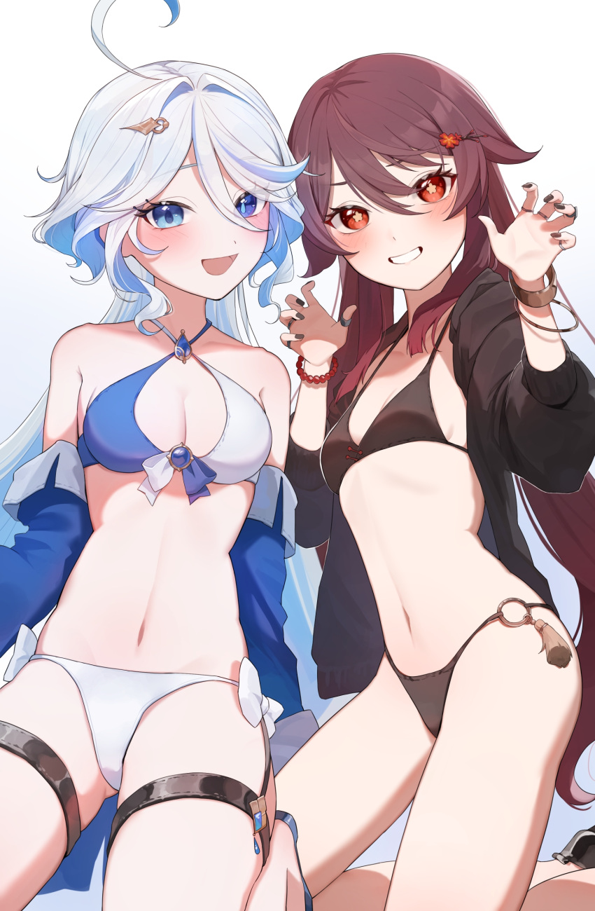 2girls :d absurdres alternate_costume bare_shoulders bead_bracelet beads bikini black_nails blue_bikini blue_eyes bracelet breasts brown_bikini brown_hair brown_shirt claw_pose cleavage commentary_request cowlick criss-cross_halter furina_(genshin_impact) genshin_impact grin hair_ornament hairpin halterneck heterochromia highres hu_tao_(genshin_impact) jewelry long_hair long_sleeves looking_at_viewer multiple_girls multiple_rings navel off_shoulder open_clothes open_mouth open_shirt red_eyes ring shirt simple_background smile swimsuit tassel twintails two-tone_bikini uohara_shinji very_long_hair white_background white_bikini