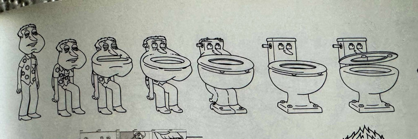 behind_the_scenes black_and_white clothed clothing family_guy glenn_quagmire half-closed_eyes hi_res human humor inanimate_transformation male mammal meme monochrome narrowed_eyes photo sketch solo tired tired_eyes toilet toilet_seat toilet_transformation transformation transformation_sequence unknown_artist