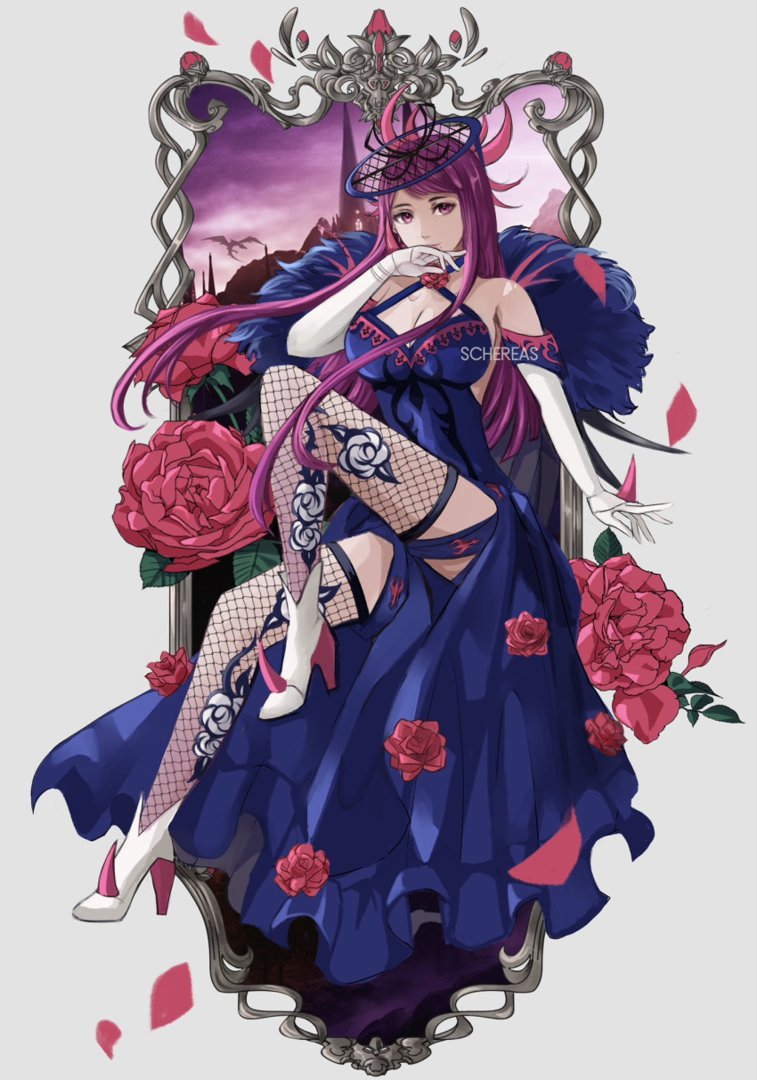 1girl bare_shoulders breasts cleavage dress elbow_gloves fascinator fire_emblem fire_emblem_engage flower gloves hair_ornament highres ivy_(fire_emblem) jewelry large_breasts long_hair looking_at_viewer mole mole_under_mouth petals purple_eyes purple_hair rose rose_petals schereas solo very_long_hair white_gloves