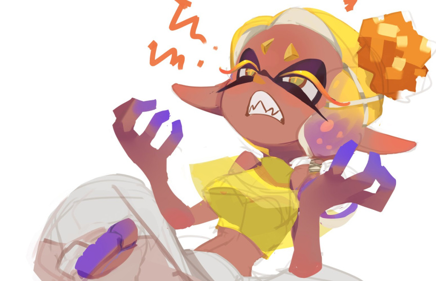 1girl annoyed asymmetrical_hair bare_shoulders blonde_hair blue_skin colored_eyelashes colored_skin crop_top cross-shaped_pupils dark-skinned_female dark_skin food food_on_head frye_(splatoon) gradient_hair gradient_skin harem_pants inkling koike3582 long_hair long_pointy_ears multicolored_hair multicolored_skin object_on_head pants pointy_ears purple_hair purple_skin sharp_teeth shirt short_eyebrows simple_background sleeveless sleeveless_shirt socks solo splatoon_(series) splatoon_3 symbol-shaped_pupils teeth tempura tentacle_hair toeless_footwear two-tone_hair white_background white_pants white_socks yellow_eyes yellow_shirt