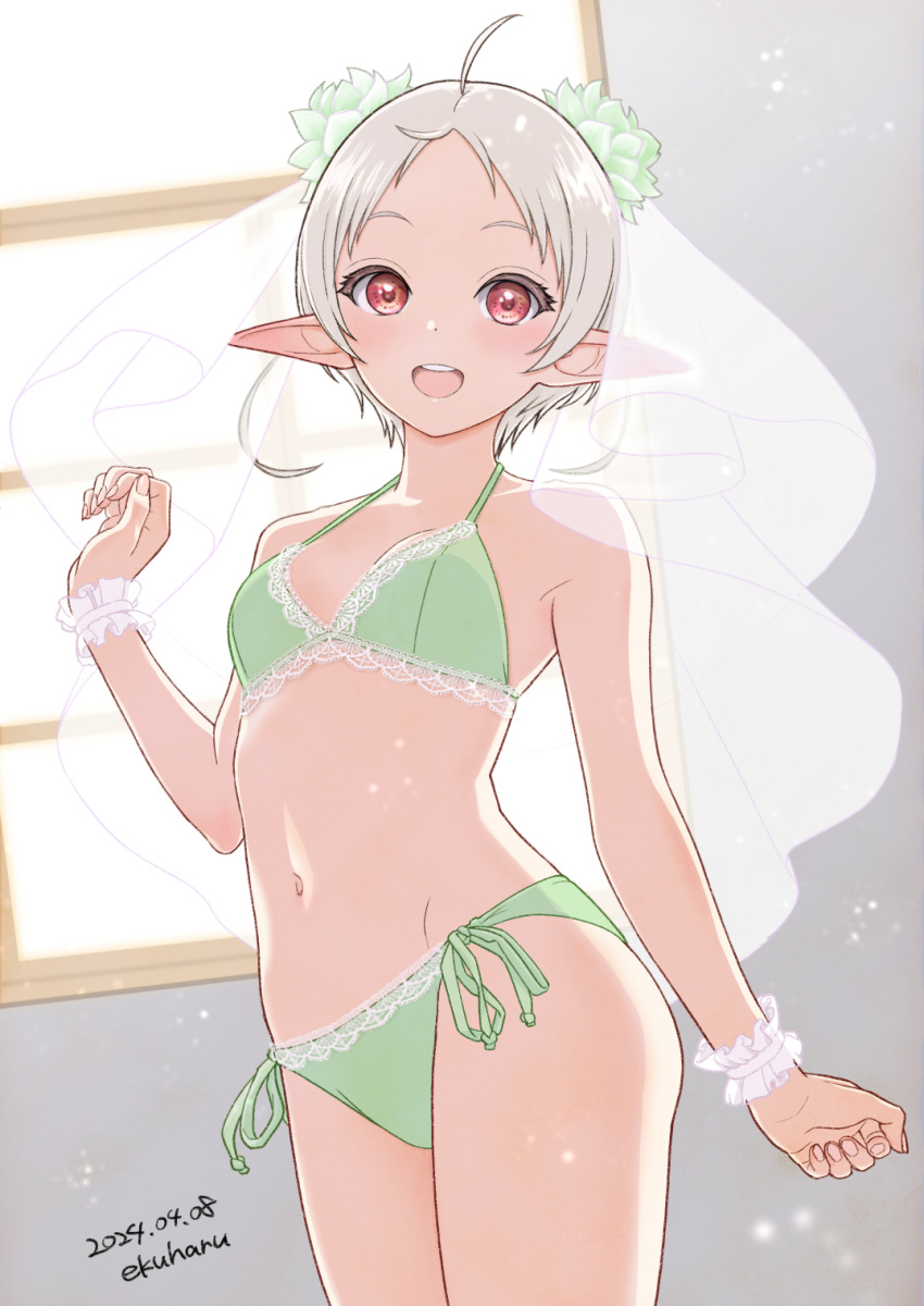 1girl ahoge armpits bra breasts bridal_veil dated ekuharu elf feet_out_of_frame flower frilled_wrist_cuffs frills green_bra green_panties hair_flower hair_ornament highres light_blush looking_at_viewer mushoku_tensei open_mouth panties pointy_ears red_eyes short_hair signature small_breasts smile solo sylphiette_(mushoku_tensei) teeth underwear underwear_only upper_teeth_only veil white_hair window_shadow wrist_cuffs